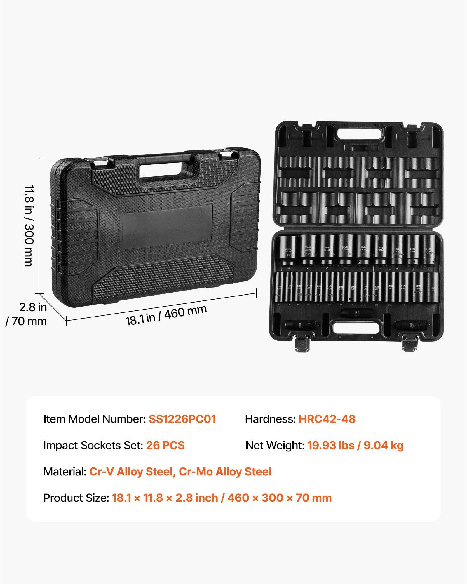 Drive Impact Socket Set 1/2" 26 Piece Deep Sockets Set Metric 11mm -36mm