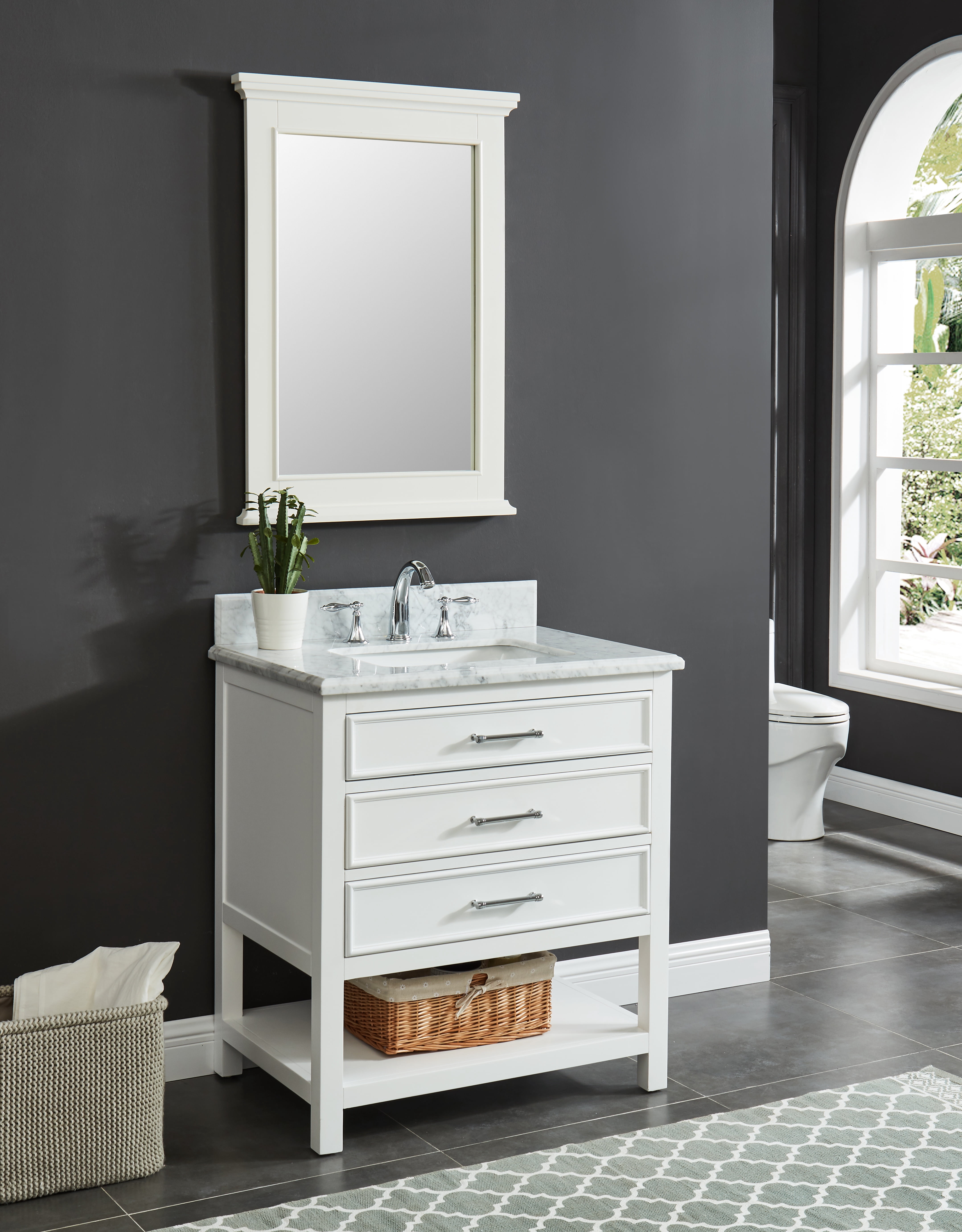 Manhattan 30" Single Bathroom Vanity, 31" W x 22" D x 34.5" H, Carrara Marble Top with Sink & Backsplash, Dove White, Solid Wood, Pre-Assembled, 3 Soft-Close Drawers, 1 Shelf