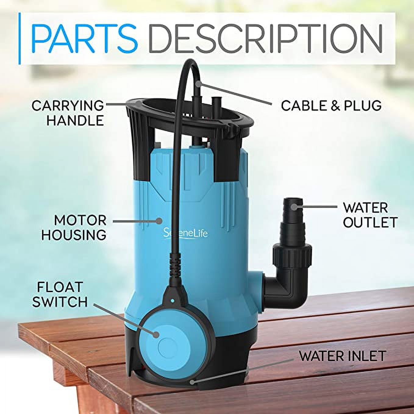 SereneLife Submersible Sump Pump for Pool Draining 750W 1HP 3302GPH Bonus 2 Fitting Attachment BLUE