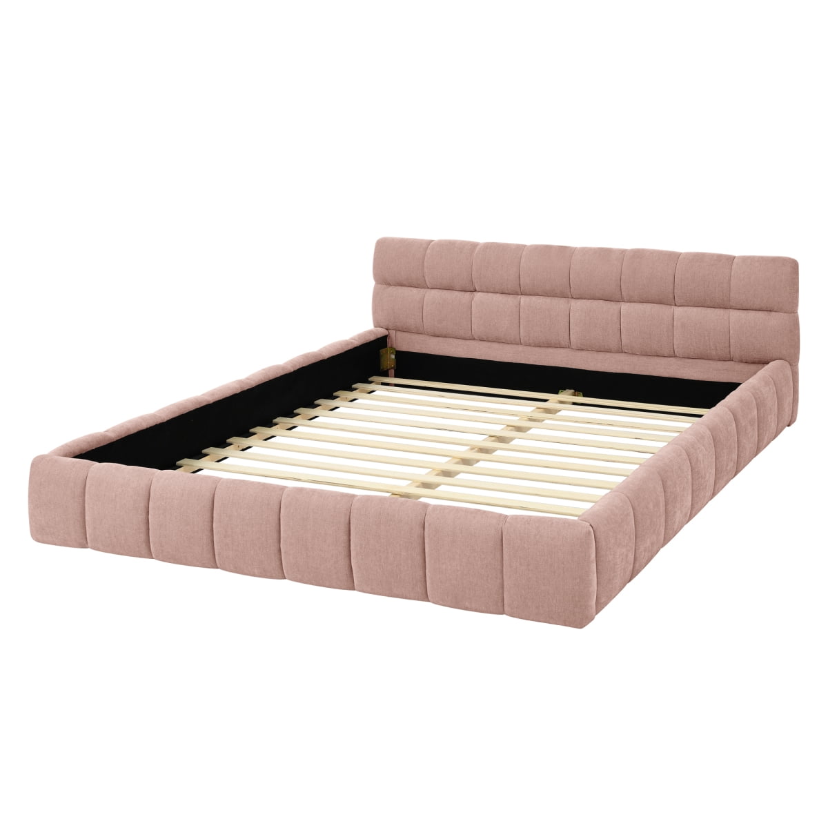 Queen Size Upholstered Bed Frame with Thick Fabric, Chenille Fabric Grounded Queen Size Platform Bed with Headboard and Solid Frame. No Box Spring Needed, PINK
