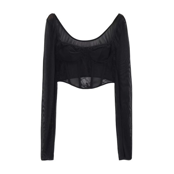 Michellecmm Women Long Sleeve Crop Tops Lace Fishbone Sweetheart Neckline T-Shirts Spring Fall Slim Fit Corset Tops Shirts