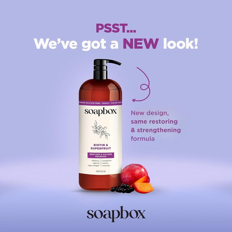 Soapbox Biotin Shampoo, 33.8 Fl Oz, Vegan Collagen & Superfruits