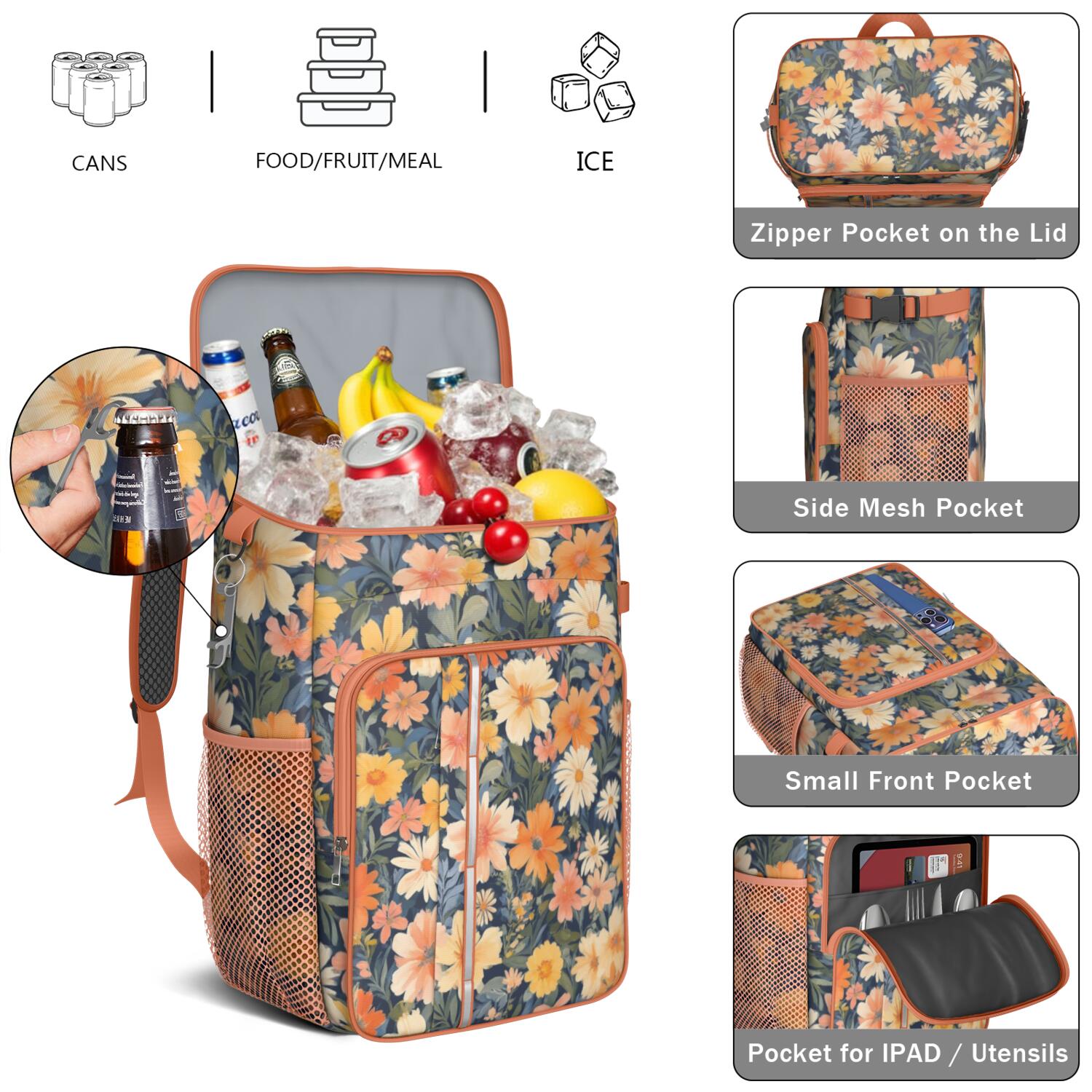 Travel Cooler Bag - Pioneer Flower Floral Print Pattern Camping Beer Cooler Backpack with Bottle Opener- Waterproof Insulated Picnic Backpacks - Cooler Bag for Beach