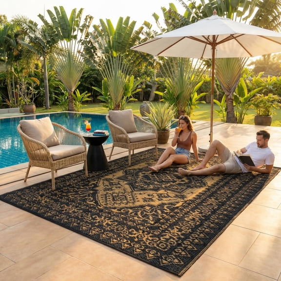COZONY 8'x10' Boho Reversible Outdoor Rug, Waterproof Straw Plastic Mat with Vintage Medallion, Portable, UV Resistant, for Porch, Deck, Black Gray