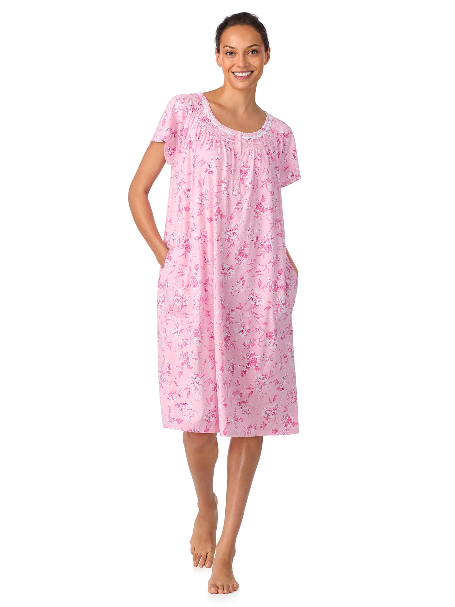Aria Women's 100% Cotton Raglan Sleeve Smocked Neck 40" Sleepwear Gown, Sizes XS-5X