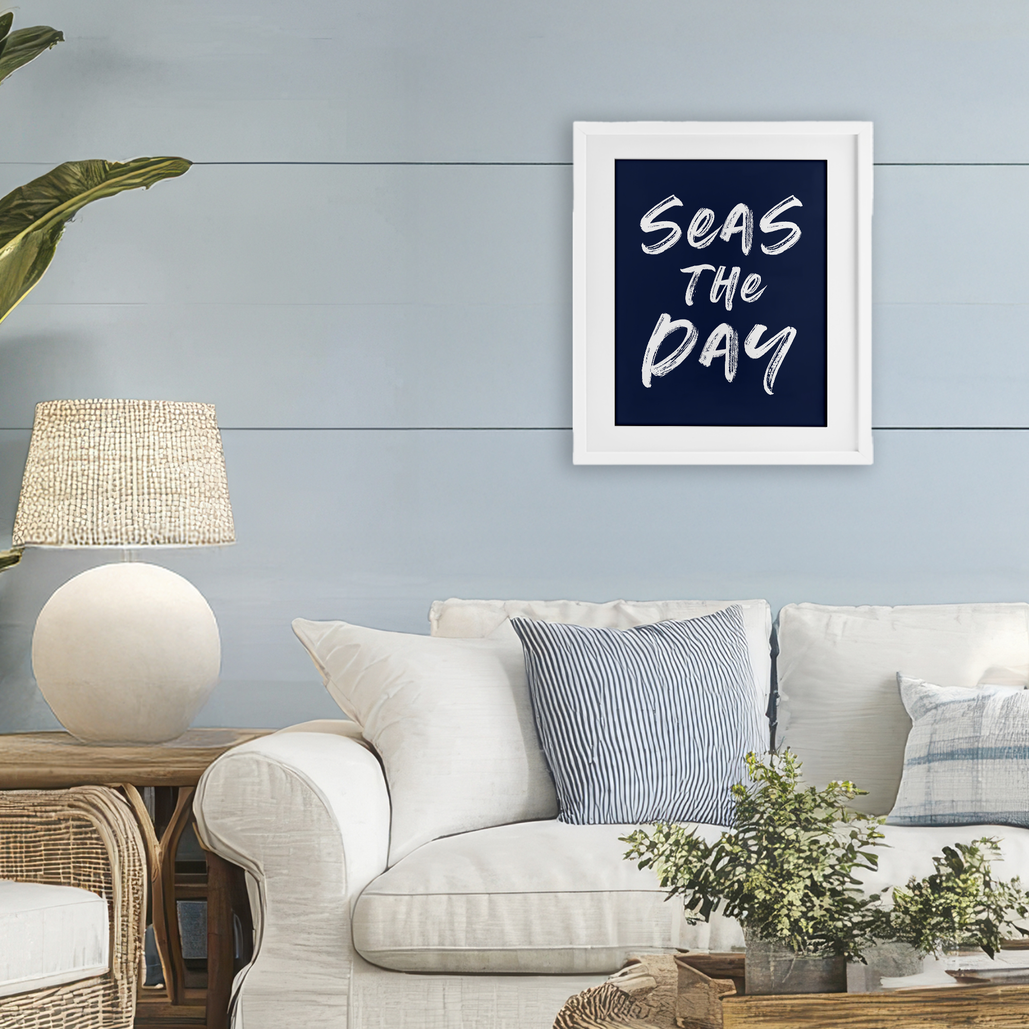 Seas The Day Sentiment White Framed Print Under Glass, design by Lettered and Lined