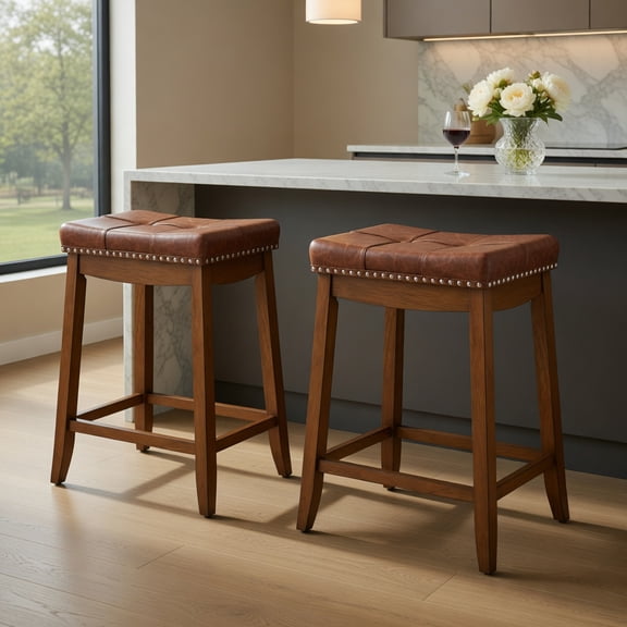 Resenkos Kitchen Counter Bar Chairs, Bar Stools,25/29 Inch Set of 2 Upholstered PU Leather Bar Stools with Saddle Seat-25 inches