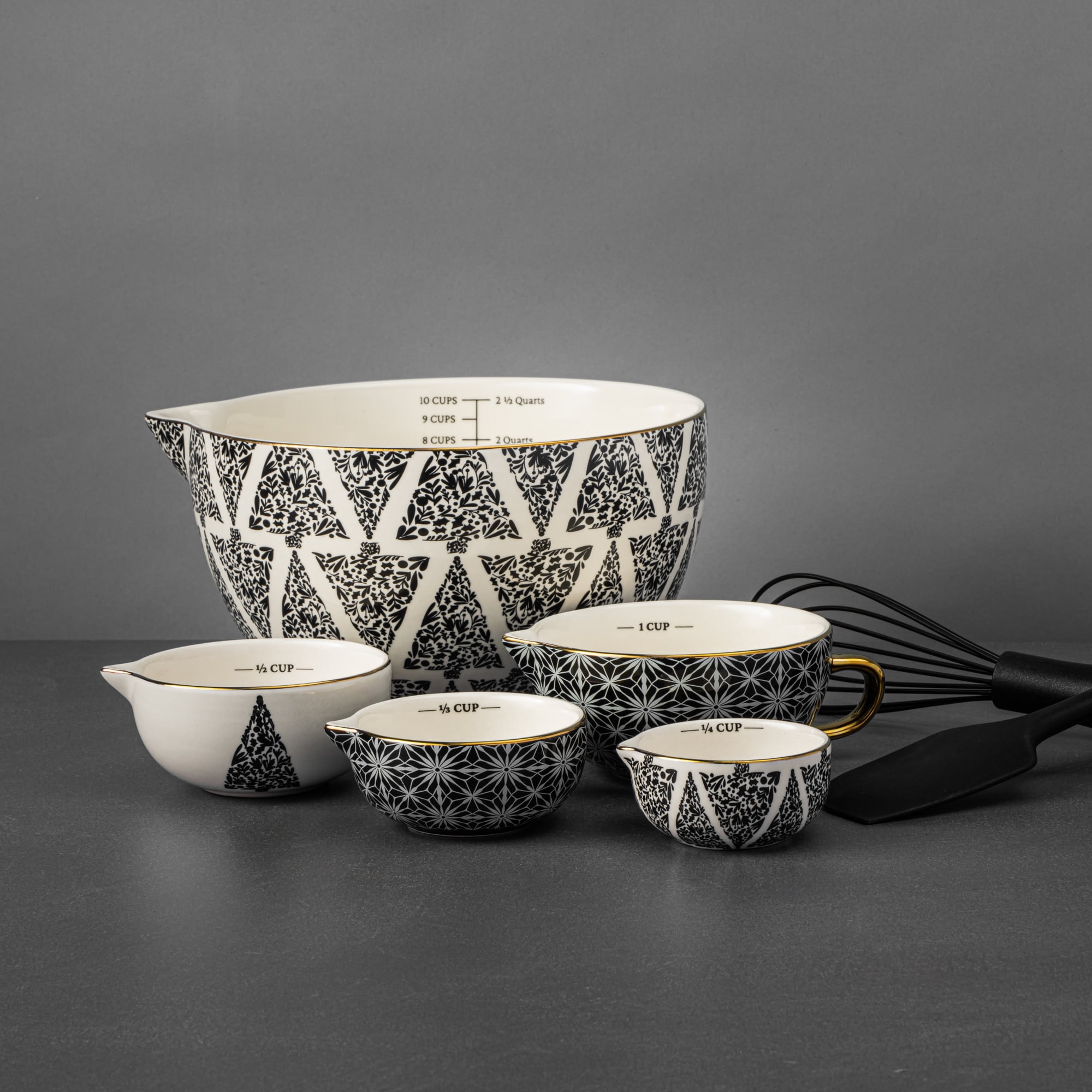 Thyme & Table, Ceramic Mixing Bowl and Measuring Cup Set, Tree Pattern