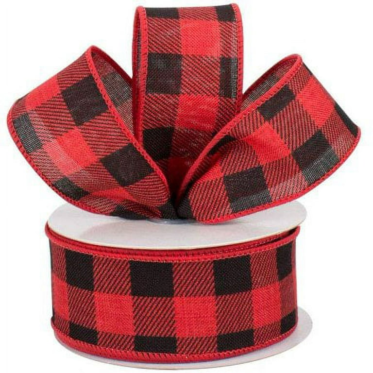 Check Plaid Ribbon, Red White and Black, 1 1/2 Wide, Wired Edge, 5 YARDS