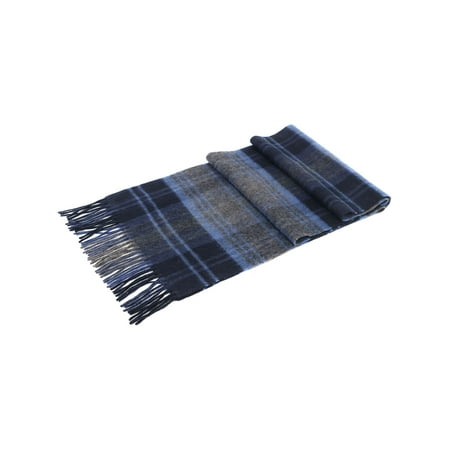 Mens Cashmere Plaid Scarf - Men's Winter Cashmere Plaid Scarf w/ Gift Box, Blue & Gray Plaid