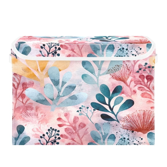 Storage Box With Lid 16.5x12.6x11.8In Foldable Stacked Household Storage Box Cartoon Watercolor Leaves
