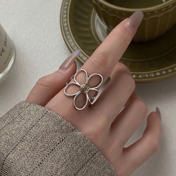Silver Daisy Flower Ring for Women Adjustable Minimalist Elegant Open Band Sterling Silver 925 Jewelry Gift
