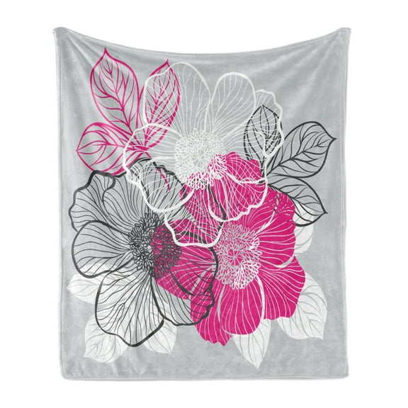 Grey Soft Flannel Fleece Throw Blanket, Abstract Blossoming Peonies Romantic Spring Bridal Bouquet Feminine Corsage, Cozy Plush for Indoor and Outdoor Use, 70" x 90", Grey Magenta White, by Ambesonne