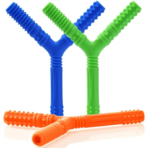 3 Pack Sensory Chew Hollow Teething Tubes, Y Style Teether Toys for Babies 3+ Months, Silicone Teether Tubes for Autistic Chewers, ADHD, Baby Nursing or Special Needs (Blue, Orange, Green)