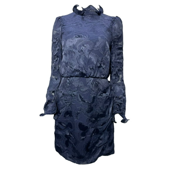 Pre-Owned Saloni Rina B Mini Ruffled Neck Dress in Navy Blue Rayon