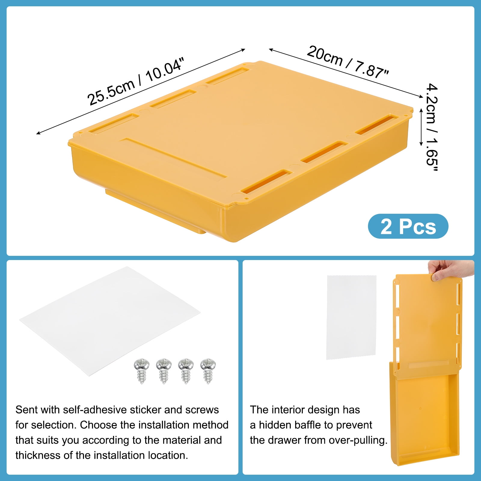 Under Desk Drawer, 2 Pcs Under Table Storage Self-Adhesive Attachment Drawers Organizer for Pens Standing Desk Office Studio Home, Yellow, Large