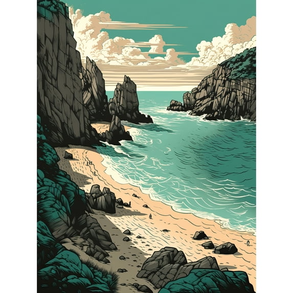 Porthcurno Beach Coastal Landscape Illustration Unframed Wall Art Print Poster Home Decor Premium