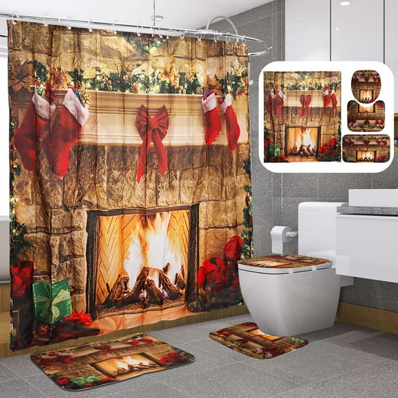 Deago 4 Pcs Christmas Fireplace Shower Curtain Sets, Christmas Tree Stocking Shower Curtain Sets with Non-Slip Rugs, Toilet Lid Cover and Bath Mat for Bathroom Decor Set 71" x 71"