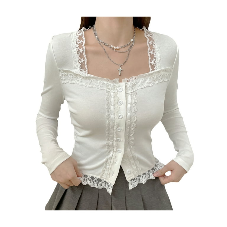 wybzd Women Sheer Lace Long Sleeve Tops Slim Fit Crop Top Shirts Cardigan  Spring Autumn Blouse 