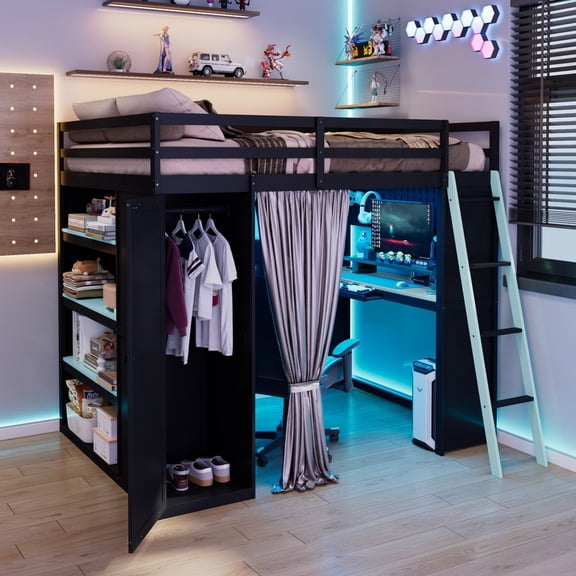 LUMAMIN Full Size Loft Bed with Wardrobe, Desk, LED Lights Shelves & Blackout Curtains, Wood Gaming Loft Bed Frame with Keyboard Tray, Pegboard and Charging Station, Black and Blue