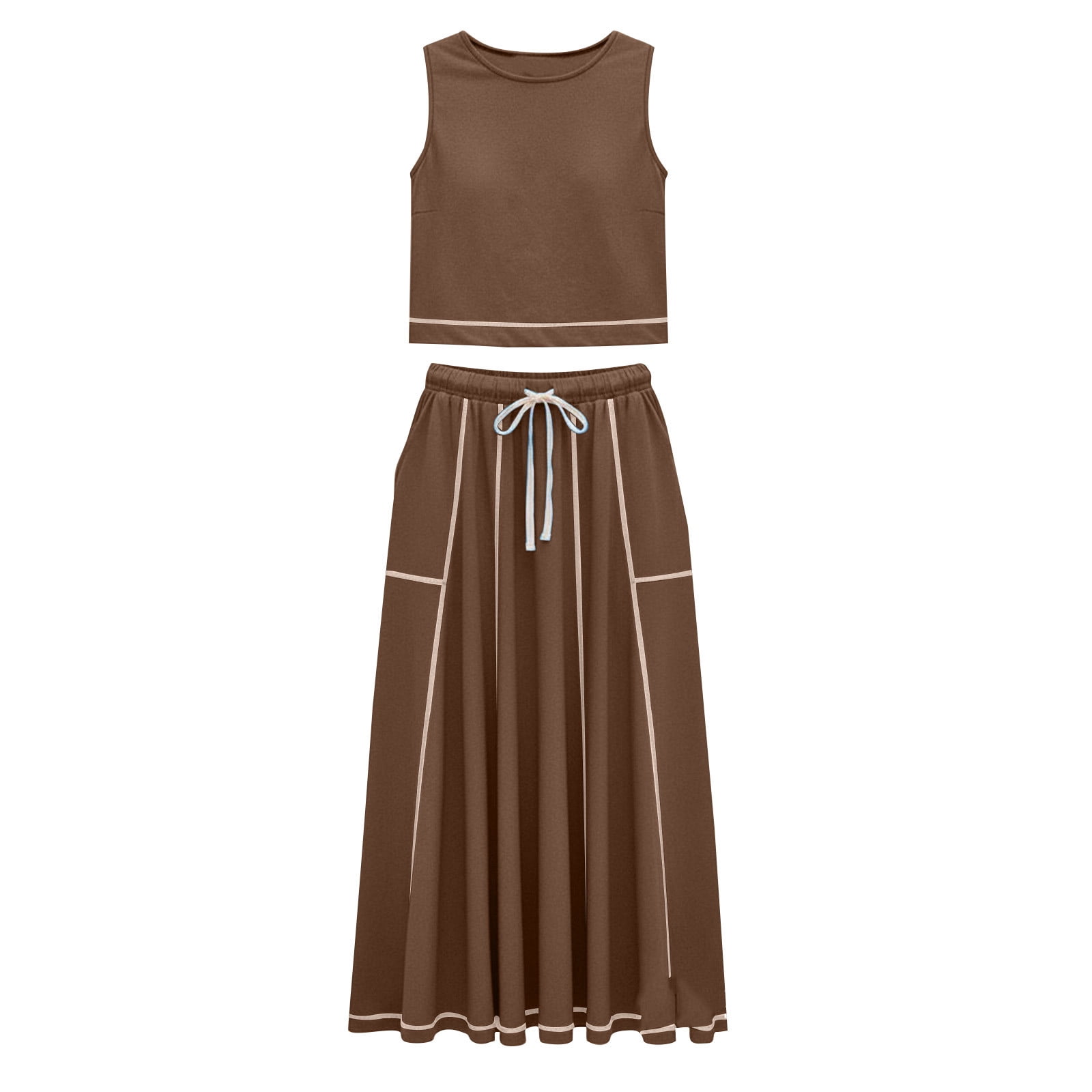Sentmoon Womens 2 Piece Sets Boho Summer Dress Casual Sleeveless Maxi Dresses Spring Solid Color Regular Fit Cute Spring Dresses Trendy for Travel and Vacation Brown XXL