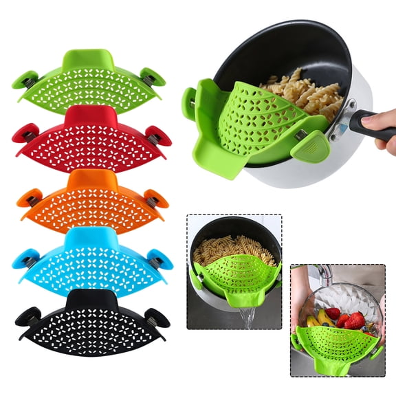 SugarBloom Silicone Pasta Strainer Clip for Pots, Kitchen Gadget Strainer for Draining Meat, Vegetables, Fruit, and Pasta, Reusable Colander with Clip Design,Black