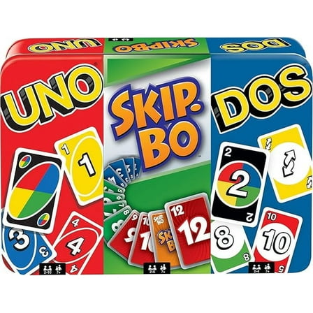 Mattel Games Set of 3 Card Games, UNO, DOS Second Edition and Skip-Bo, Travel & Camping Games in Storage Tin Box