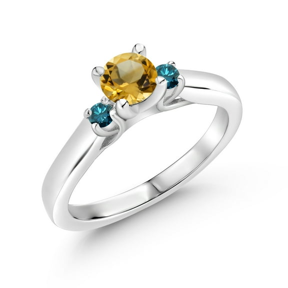 Gem Stone King 925 Sterling Silver Yellow Citrine and Blue Diamond 3-Stone Engagement Ring for Women (0.86 Cttw, Gemstone November Birthstone, Size 5)