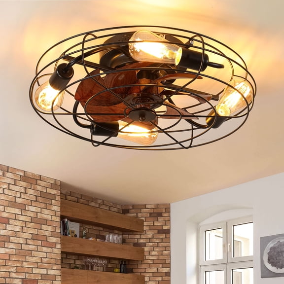 20 Inch Black Caged Ceiling Fan with Light and Remote Control, Low Profile Flush Mount, 4-Light Farmhouse Style with Reversible Motor for Living Room, Bedroom, Kitchen
