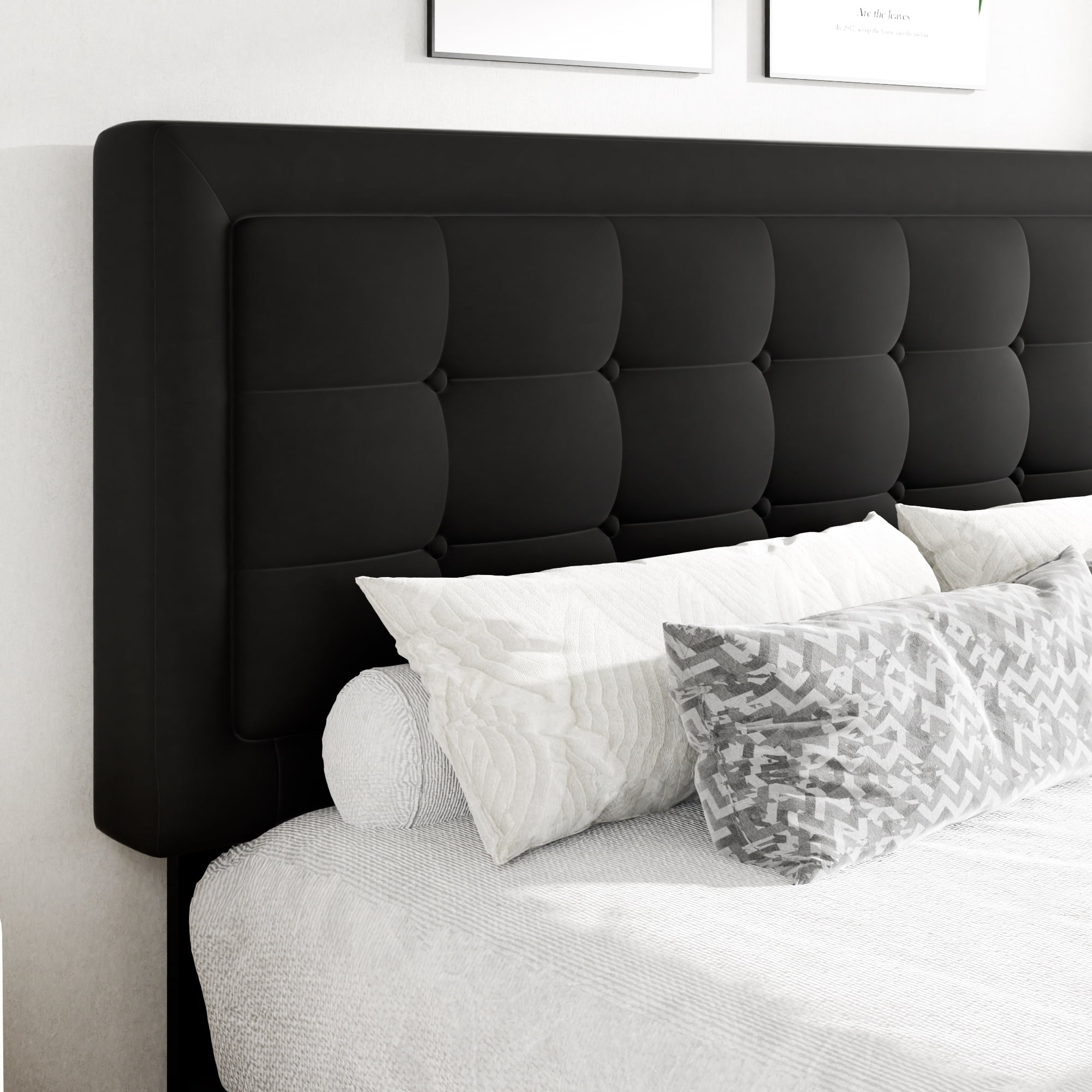 Unizone Full Size Bed Frame with Velvet Upholstered Headboard, Button Tufted Design,Wood Slats Support, No Box Spring Needed, Noise Free, Easy Assembly, Black