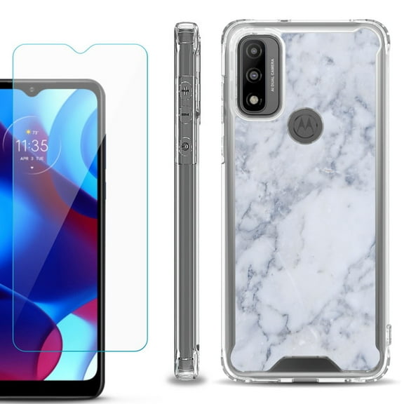 Shockproof Bumper Phone Case for Motorola Moto G Pure, with Tempered Glass Screen Protector, by OneToughShield ® - Marble / Clouds