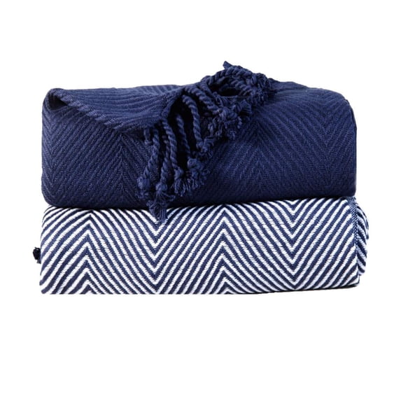 Rustic Homes 100% Pure Cotton Thermal Blanket - Herringbone Pattern, Lightweight, Soft & Cozy Premium Fall Throw Blanket for All Seasons, 50" x 60", 2 Pack - Indigo
