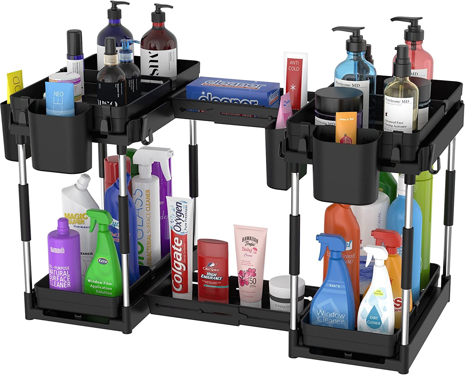 Double Sliding Under Sink Organizers and Storage - 2 Tier Pull Out Under Kitchen Cabinet Organizer w 2 Hanging Cup,6 Hooks,2 Dividers, Under Counter Sink Organization for Bathroom, Adjustable H and W
