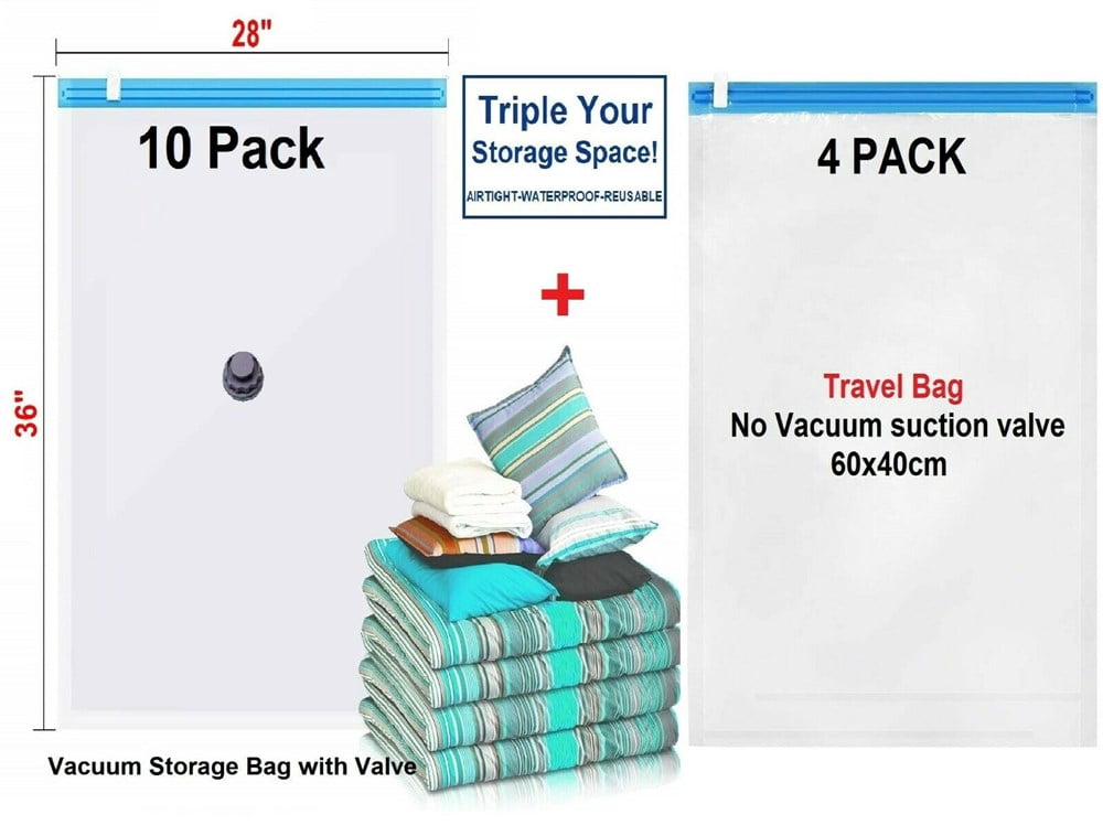 14-Pack Combo: 10 XL Vacuum Seal Space Saver Bags + 4 Travel Organizers for Closets & Wardrobes