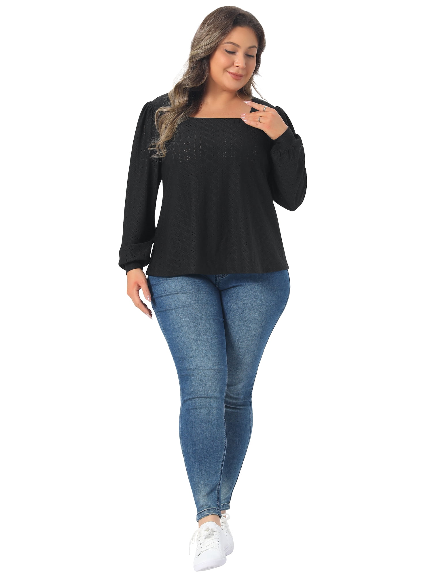 DARING DIVA Women's Plus Square Neck Hollow Dressy Casual Eyelet Shirts 4X Black