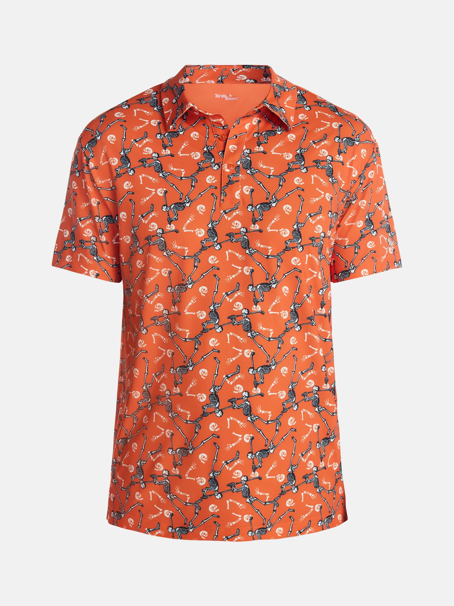 Birdie Bound Halloween Spooky Skeleton Print Golf Polo Shirt, Men's Sizes S-4XLT