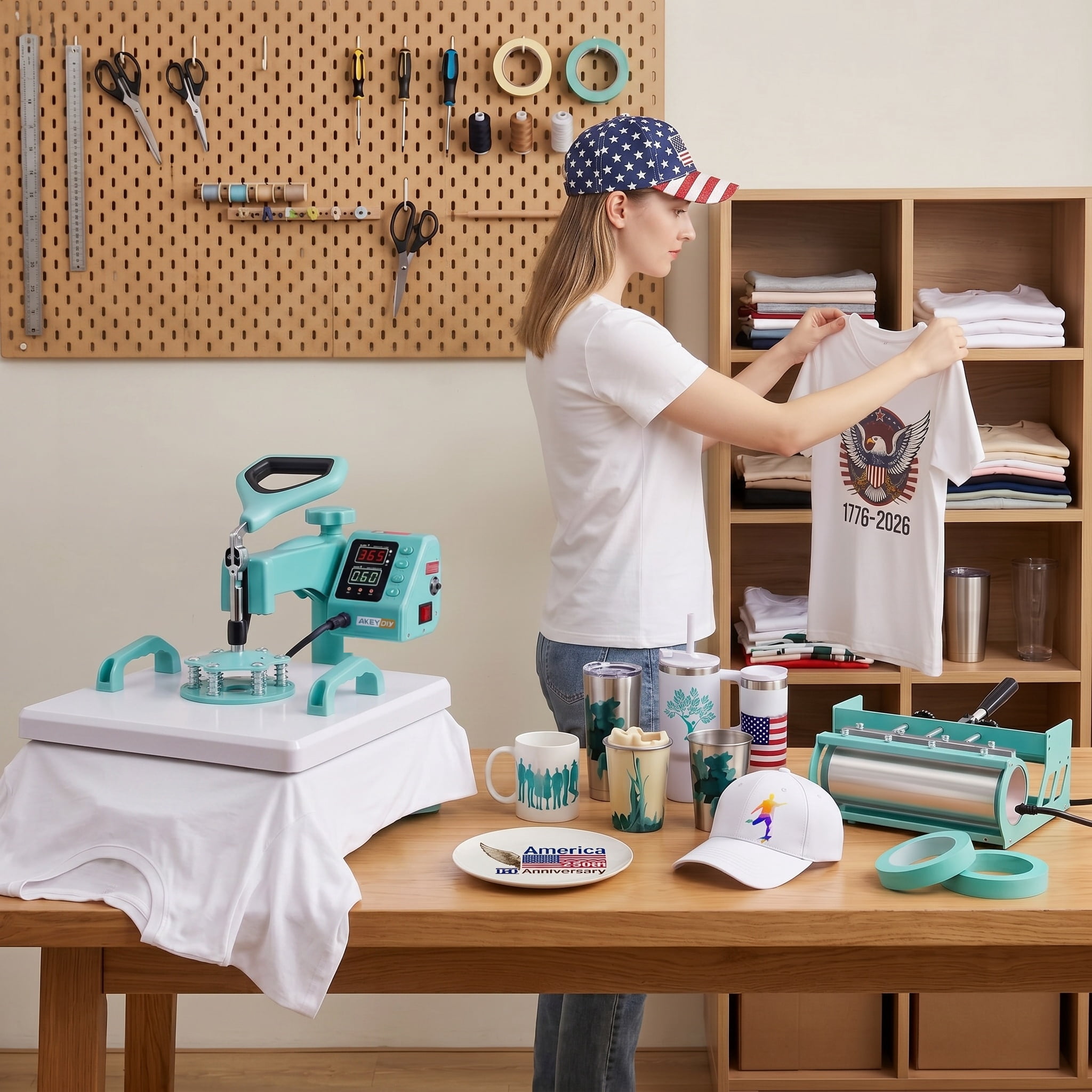Adnoom Heat Press Machine 15x15 8 in 1, 1200W Sublimation Heat Transfer Machine Combo, 360° Swing Away, Digital Heat Press for Tshirt Plate Cap Mug, Green
