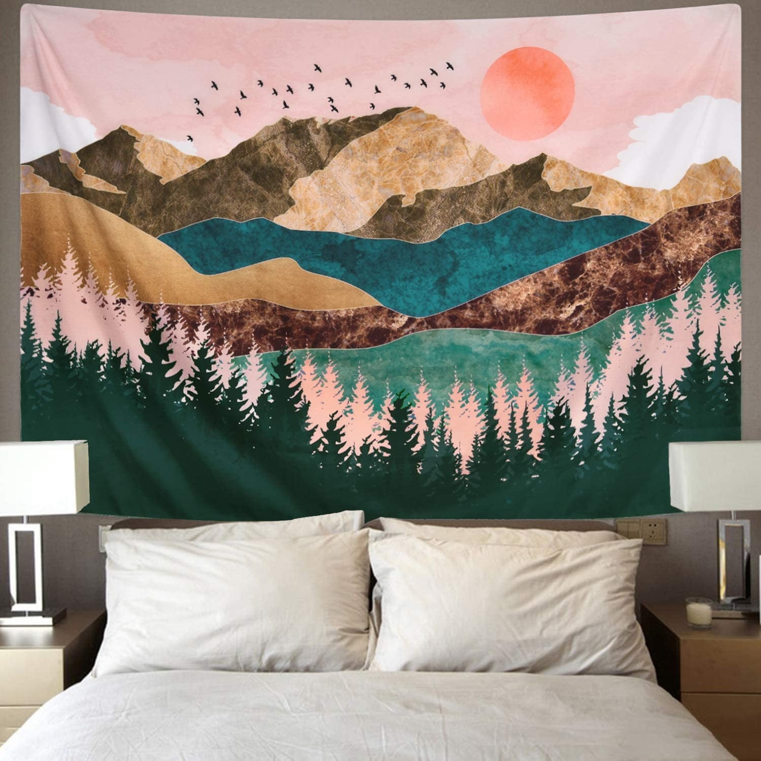 Mountain Moon Bohemian Tapestry Wall Art Hanging Nature Forest Home Decoration 
