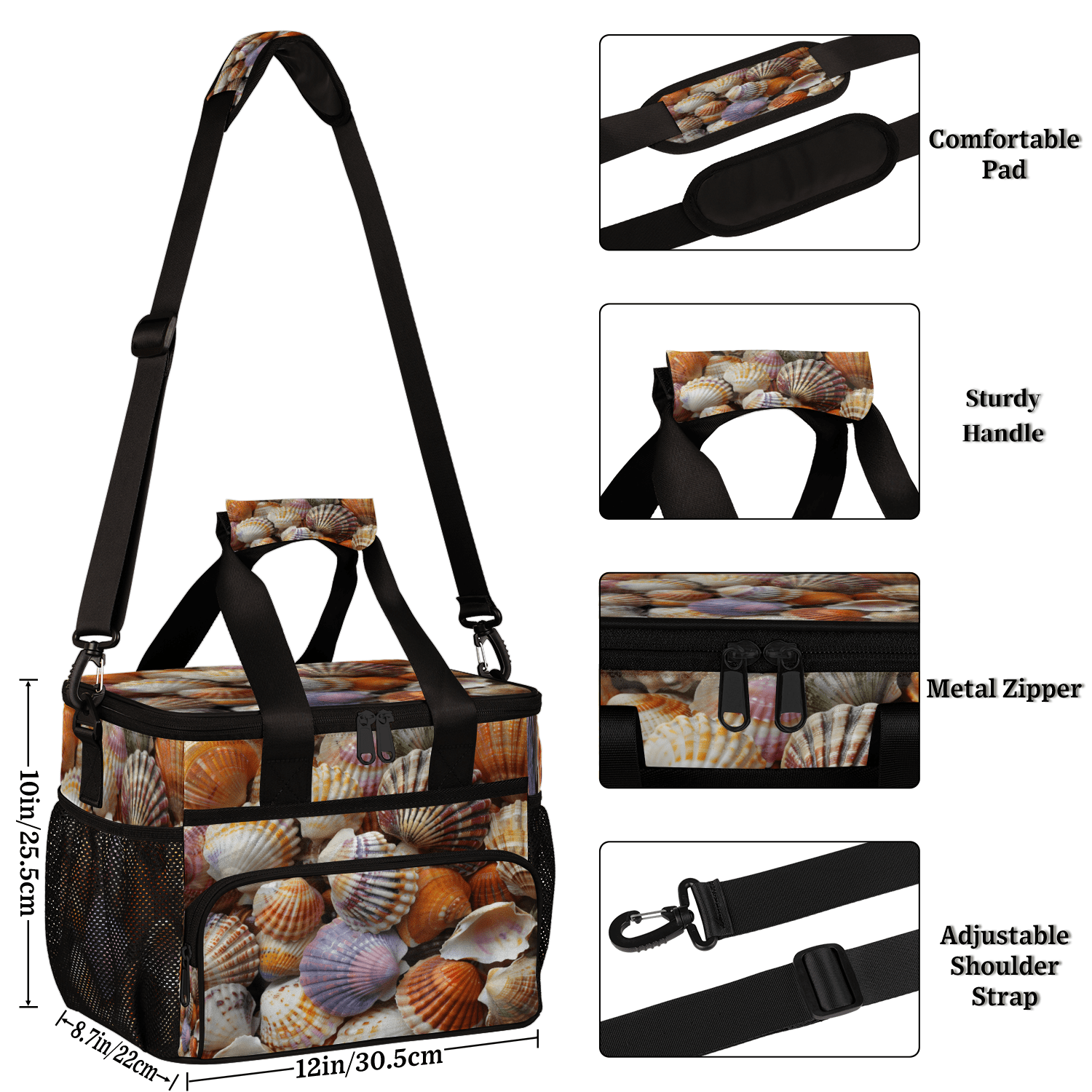 Herdesigns Seashells Beach Themed Large Lunch Box for Adults Women Men with Adjustable Shoulder Strap, Insulated Reusable Lunch Bag Leakproof Cooler Tote Bag