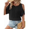 thumbnail image 2 of Women'S Cold Shoulder Eyelet Tops Crew Neck Batwing Sleeve T-Shirts Textured Knit Black L, 2 of 9