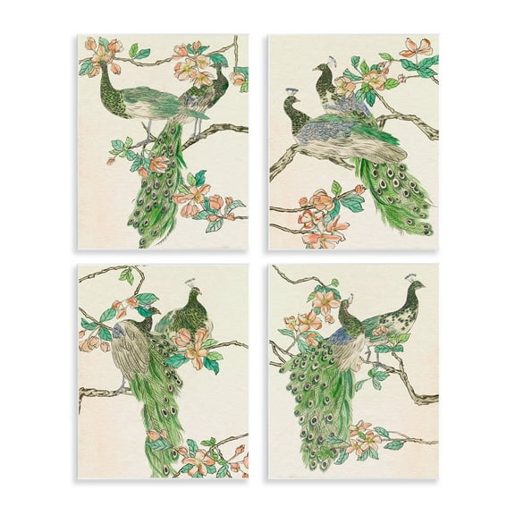 Stupell Industries Traditional Peacocks on Branches Animals Painting Unframed Art Print Wall Art, 11 x 14, Set of 4
