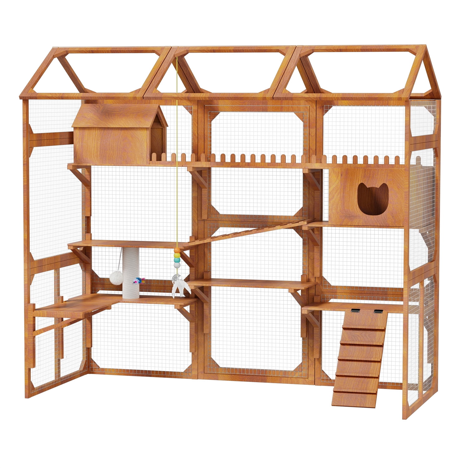 YIORTWO Outdoor Catio with Built-in Plant Stands, 4-Tier Wooden Cat Enclosure for 6 Cats, Weather-Resistant Large Cat House with Scratching Posts, Ramps & Resting Boxes, Brown