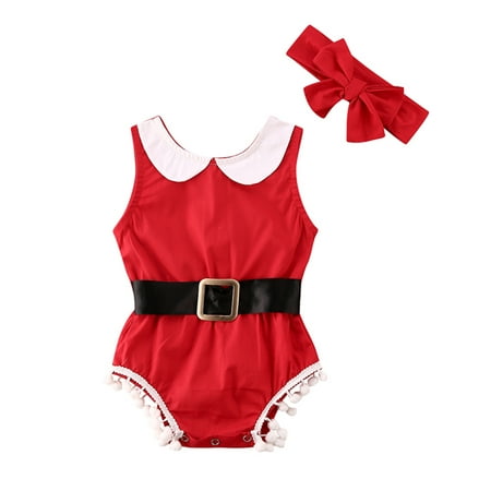 

Peyakidsaa Baby Girls Christmas Romper Sleeveless Doll Collar Tassel Plush Ball Jumpsuit with Belt + Bow Headband