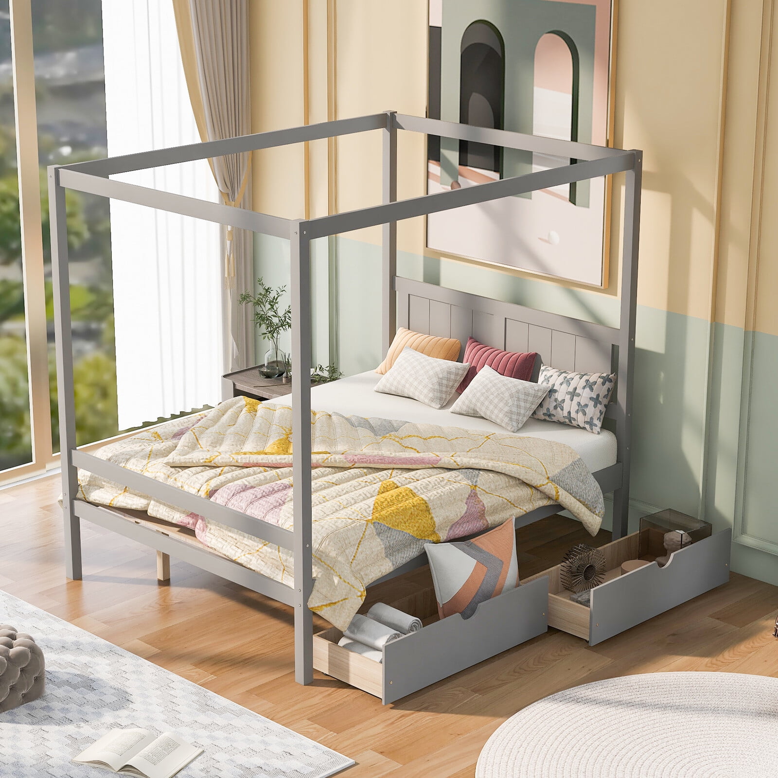 OVERDRIVE Full Size Canopy Platform Bed Frame, Mattress Foundation with