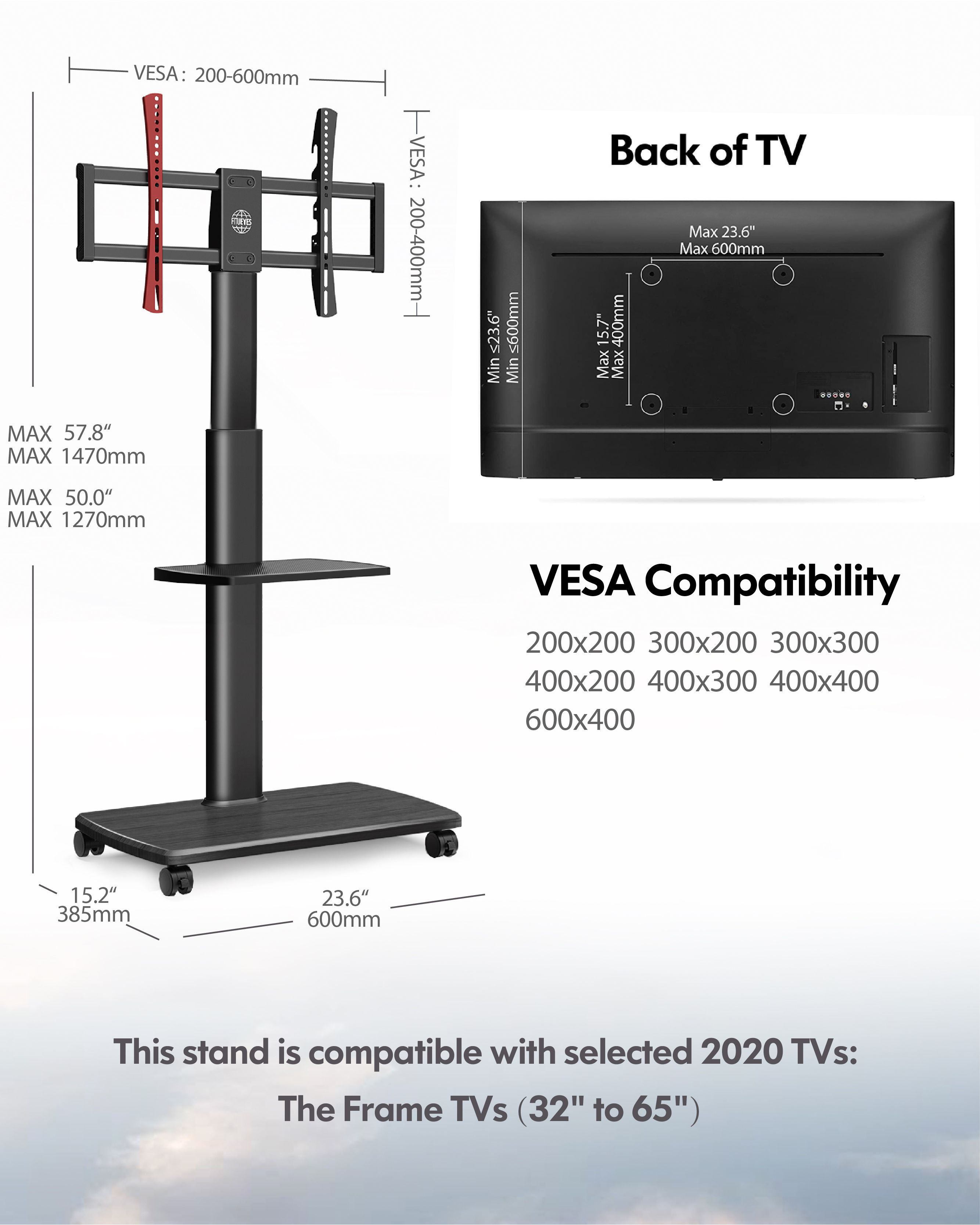 FITUEYES Rolling TV Cart with Swivel Mount for 32–65" TVs photo 5