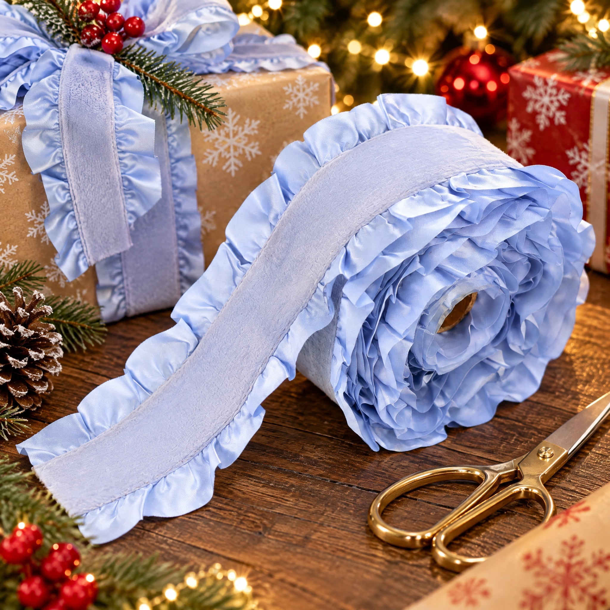 Blue Velvet Ruffle Christmas Ribbon, 2.5" x 25', by Holiday Time