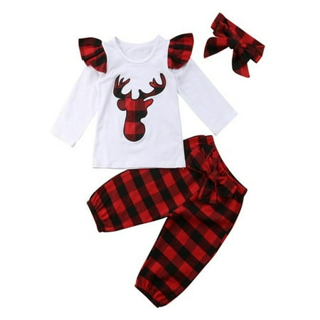 

Infant Baby Girl Christmas Plaid Reindeer Applique Top and Pants with Headband 3pcs Cotton Outfits (Plaid Ruffle 80/6-12 Months)