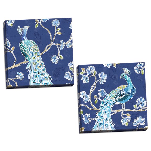 Gango Home Decor Contemporary Peacock Allegory III & IV Blue by Daphne Brissonnet (Ready to Hang); Two 16x16in Hand-Stretched Canvases