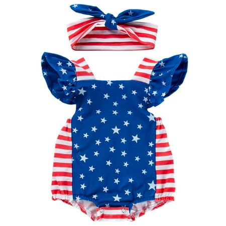 

Boys Girls Independence Day Fly Sleeve Striped Printed Romper Bodysuits Clothes Headwear Newborn Infant Child Clothing Streetwear Dailywear Outwear