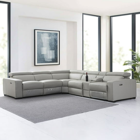 LOTUS Light Grey Top Grain Leather Sectional -122" with Power Recliners, Manual Headrest, and Storage Console